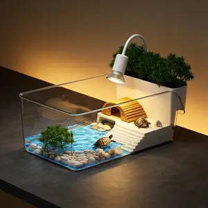 Transparent Acrylic Turtle Tank with Sun Platform and Plant Tray, Multi-Functional Aquatic Habitat, Large Top Opening Tortoise Cage