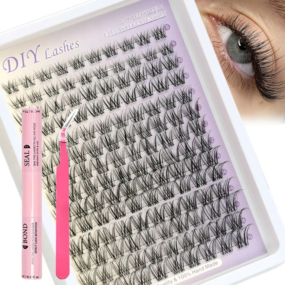 1 Box Set with 140 Clusters of Eyelashes + Dual-Head Glue + Special Eyelash Clamp Kit, Natural Clustered Eyelashes, Clear Striped Lightweight Eyelash Extension Kit, Clustered Eyelash Extension C-Type Curl 10-14mm Eyelashes, Synthetic Eyelash Extensions