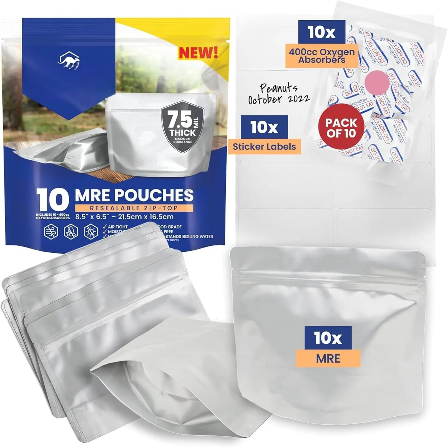 10 Count MRE Mylar Bags with 400cc  Absorbers, 15 Mil  Thickness Long-Term  Storage Pouches, 6.5x8.5 Stand-Up Zipper Heat-Sealable Airtight Packaging -