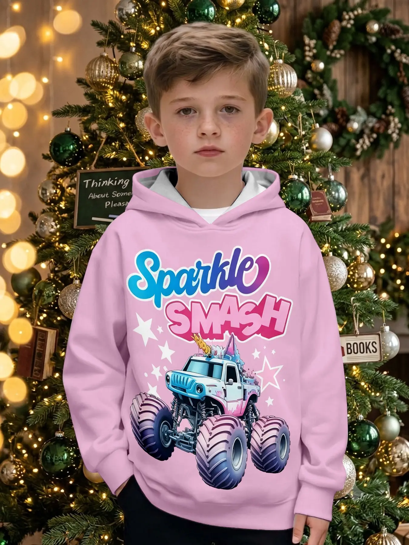Girls' Unicorn Monster Truck Print Hoodie, Casual Long Sleeve Fitted Sweatshirt, Fall & Winter Outdoor Wear, Christmas Gift