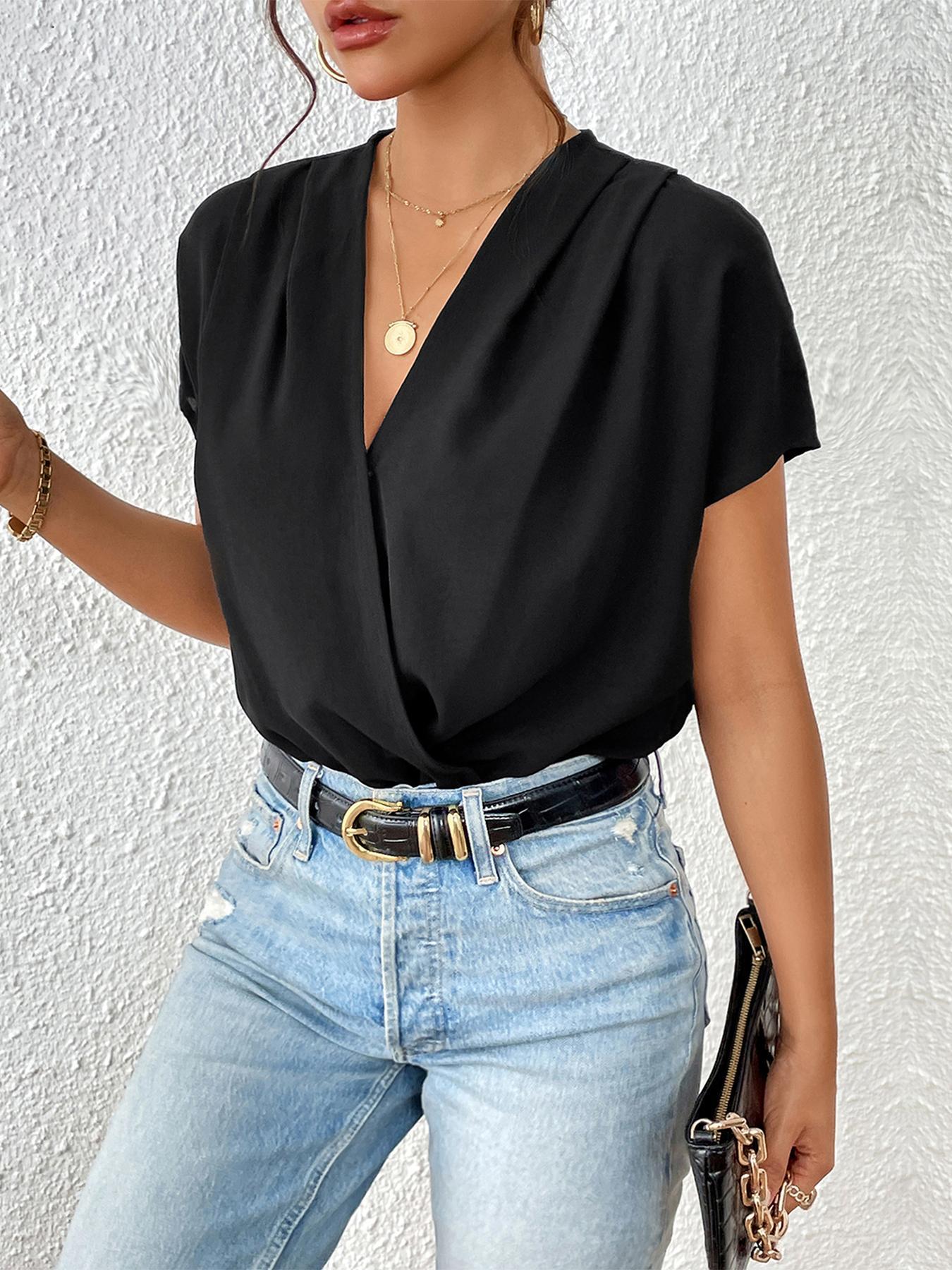 Women's Plain Basic Wrap Batwing Sleeve Bodysuit, Elegant Deep V Neck Short Sleeve Bodysuit, Women Summer Outfit for Daily Wear, Shortie Bodysuit