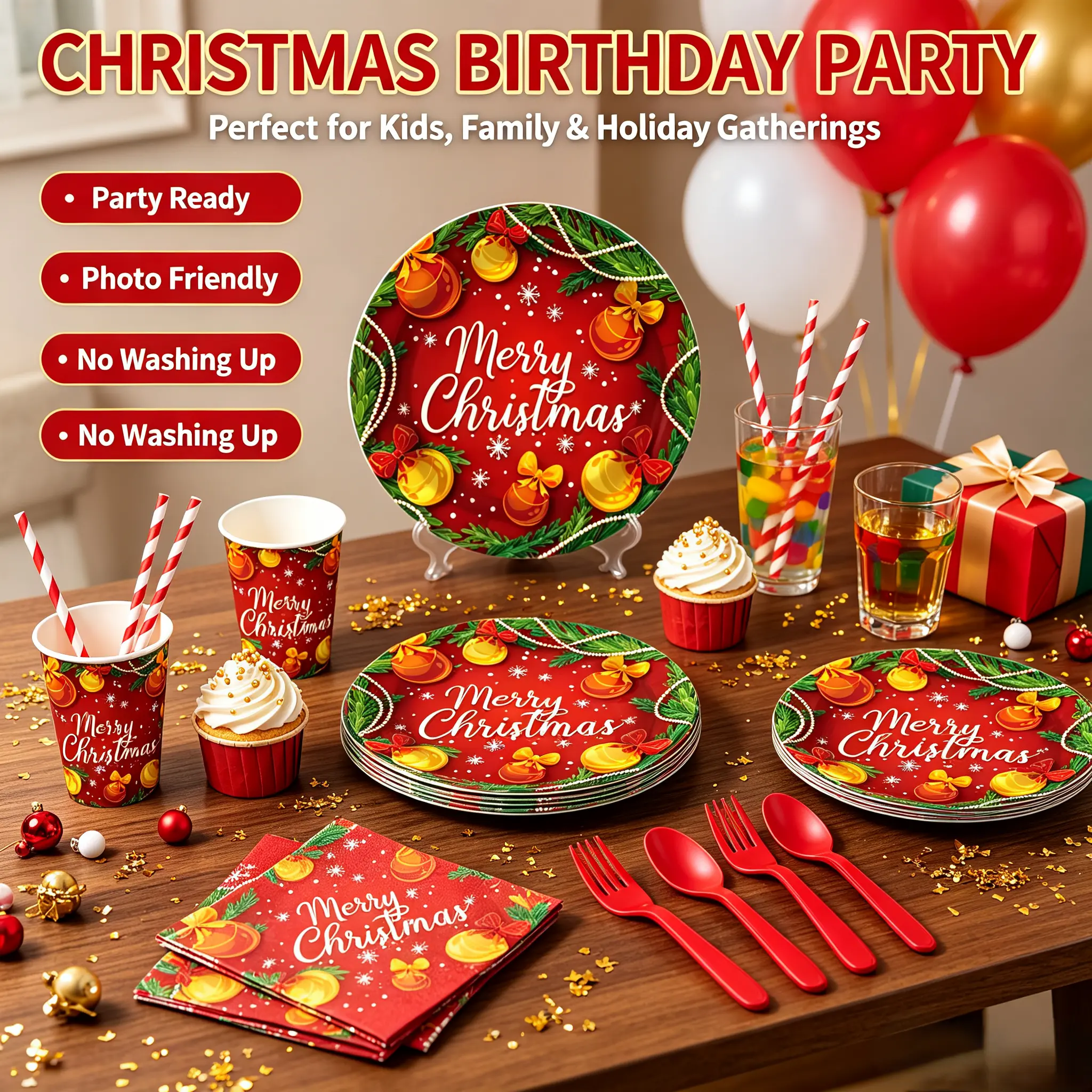 Christmas-Themed Disposable Party Tableware Set - Plastic Plates, Cups, Towels for Birthday Celebrations, Outdoor Gatherings (Home & Festive Party Supplies)