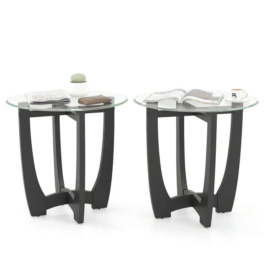 2PCS 23.5'' Round End Table W/Glass Tabletop Cross-Shaped Solid Rubber Wood Frame,Adjustable,Mobile,Standing,entryway,gaming,desk,affordable,dining,bedroom,vanity,,coffee,set
