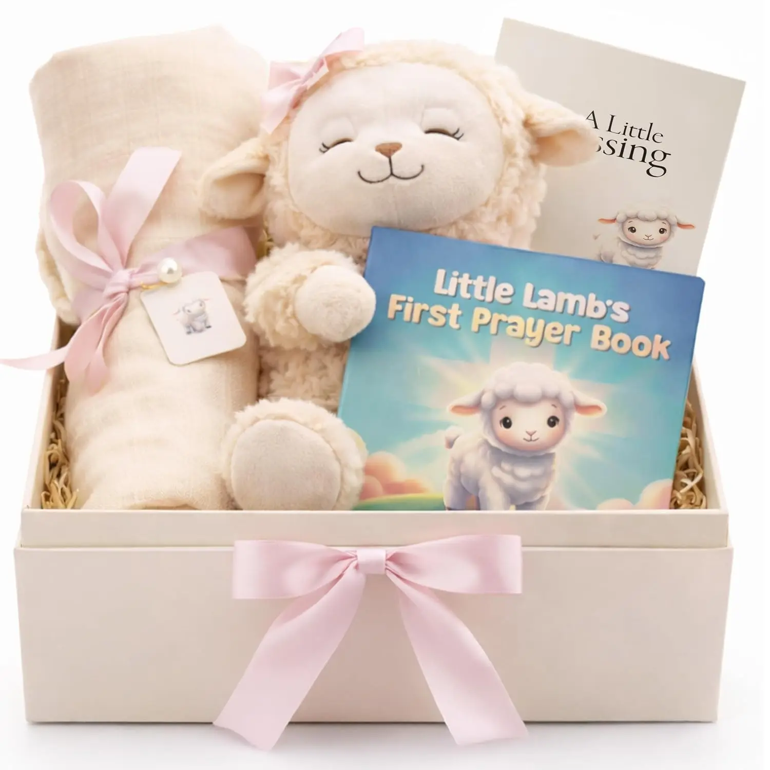 Baptism Gifts for Girl - 5-Piece Christening & Dedication Keepsake Set with Ready-to-Gift Box: 10" Praying Lamb Plush with Pink Bow, Bamboo Muslin Blanket, First Prayer Book & Card