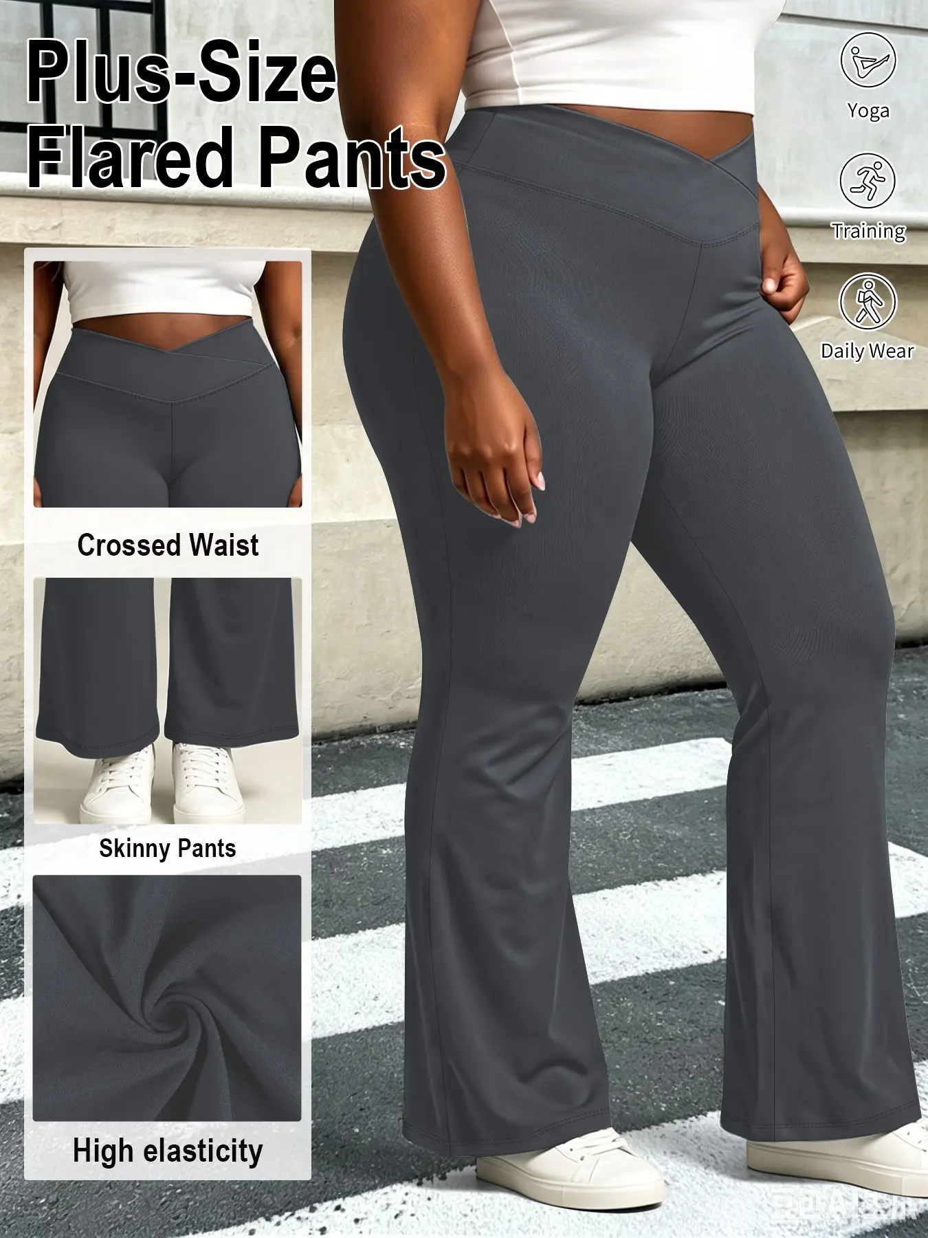 Plus-Size Cross-Waist Flared Highwaisted Yoga Pants: High-Stretch, Figure-Flattering, Slightly Flared Fitness Pants. Versatile for both sports and everyday wear, suitable for all seasons and perfect for yoga.