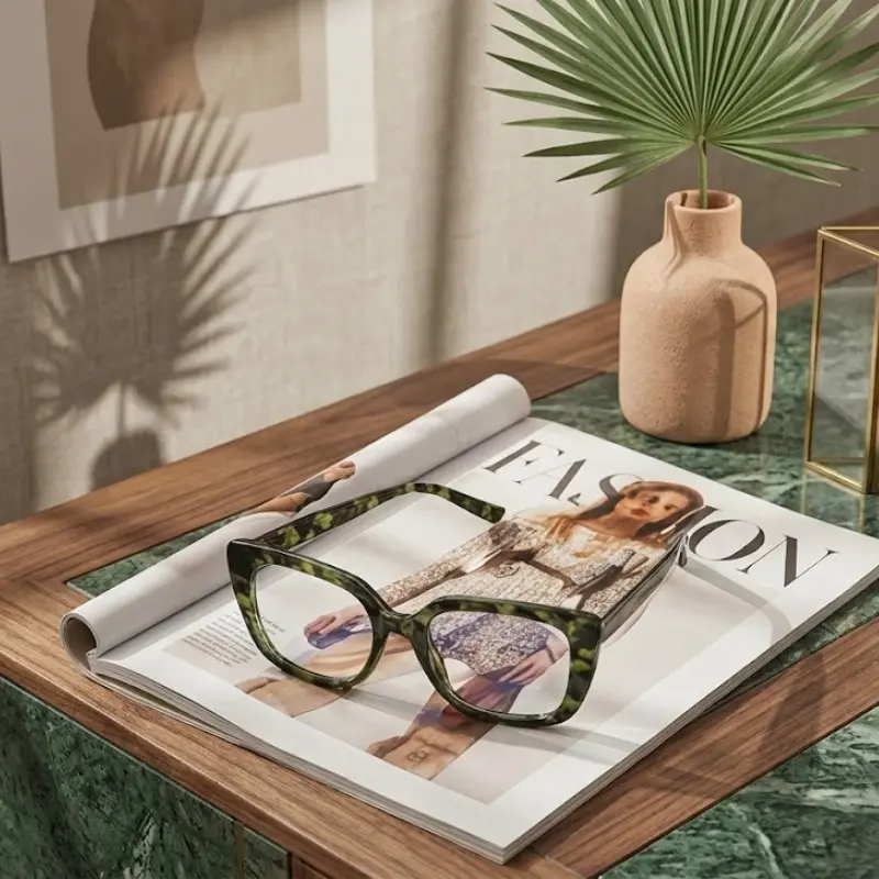 Stylish, trendy, color-block reading glasses with a square frame—suitable for both men and women; features blue-light blocking and non-prescription lenses.