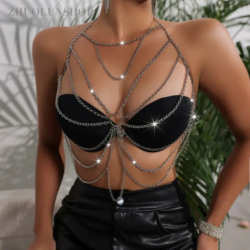 Silver Multilayer Chain Halter Chest Body Chain, Ring Detail Tassel Draped Body Jewelry, Sexy Festival Party Nightclub Outfit Accessory, Layering Neck Chest Chain