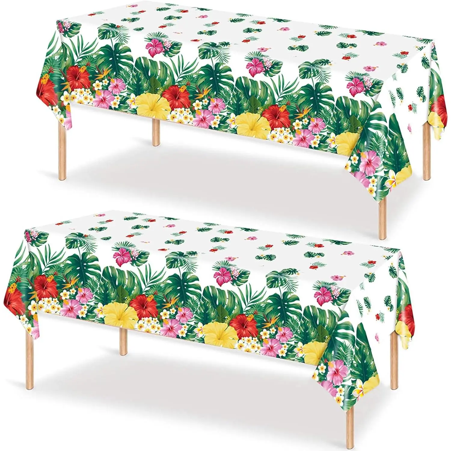 2 Pack Hawaiian Luau Party Tablecloths, Tropical Palm Leaves Hibiscus  Tablecovers Rectangle Plastic Disposable Tablecloth for Summer Beach Pool Jungle Hawaii Aloha Birthday Party Decorations