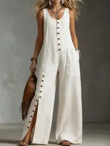 Women's Sleeveless Button Front Wide Leg Jumpsuit, Casual Loose Fit Oversized Romper with Pockets, Summer Beach Travel, Linen Look