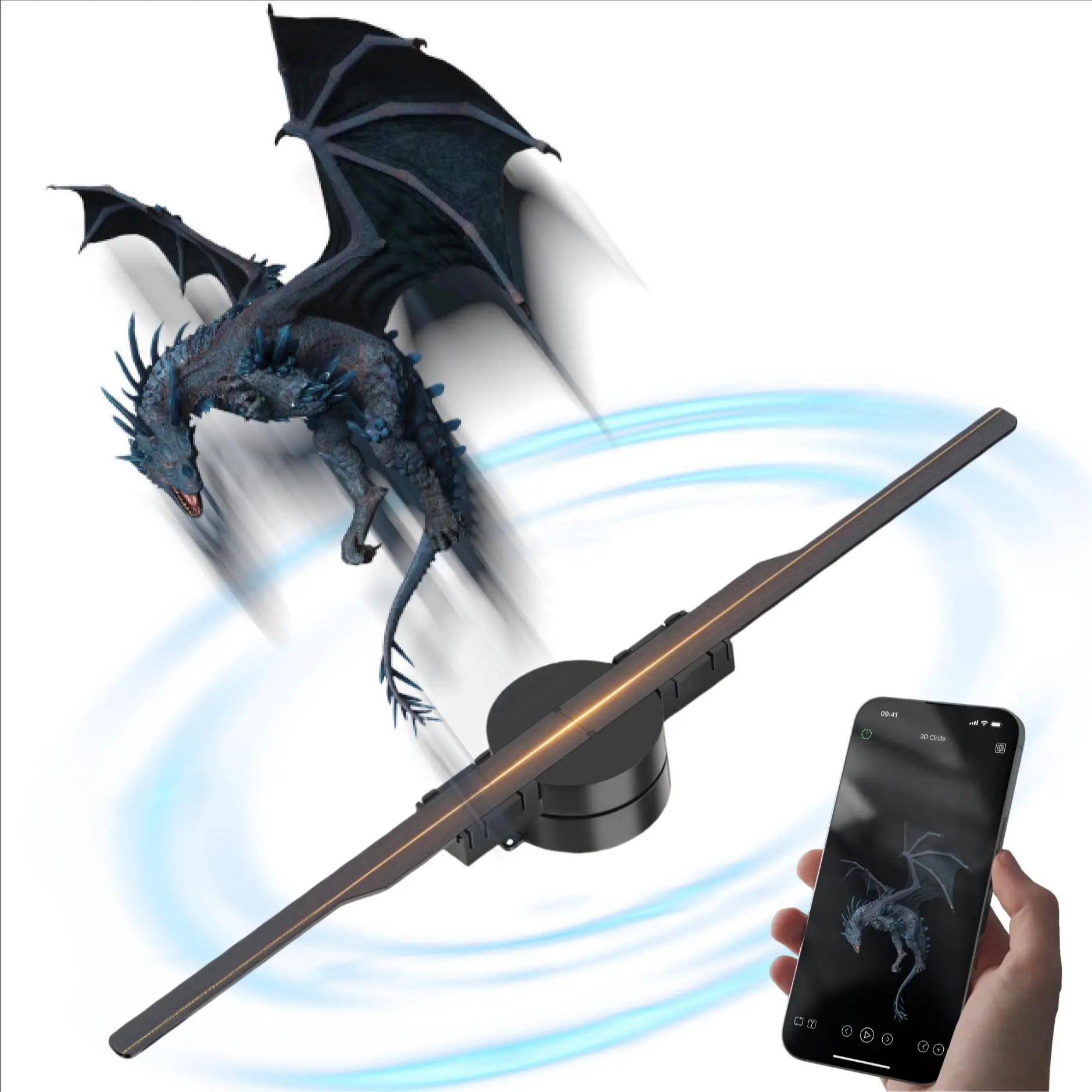 3D Holographic Projector Light，42cm Fan Blade, Plug and Play, APP Controlled,Customizable materials, 234 RGB Leds, Ideal for Festivals, Parties, Ads