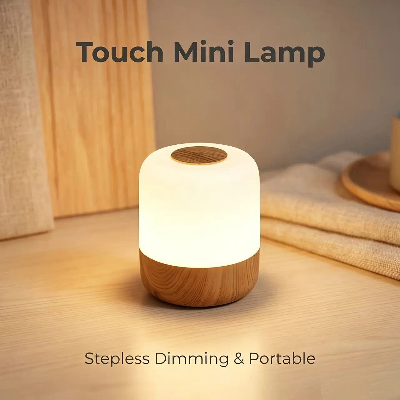 Wood Grain/ White Rechargeable Touch Mini Night Light With A Built-in Hidden Hook On The Base. It Can Be Steadily Placed On Any Flat Surface Or Hung Freely, Perfectly Suiting All Indoor And Outdoor Usage Scenarios. Sensitive Touch Stepless Dimming: