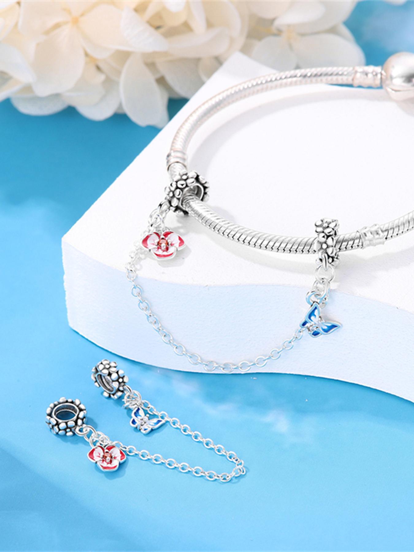 S925 Sterling Silver Cute Flower & Butterfly Design Safety Chain Charms, Fashionable Beads for Women's Bracelet & Necklace & Keychain, DIY Jewelry for Birthday Gift