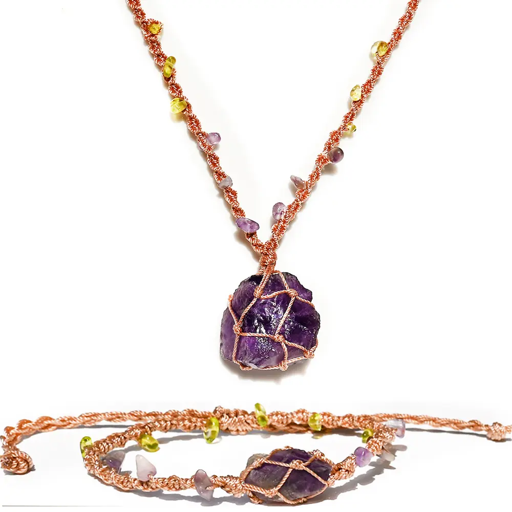 Women's 2-Pack Hand-Braided Cord Necklaces - Natural Rough Amethyst Gemstone in Woven Net Pouches, Plastic Alloy Casual Costume Jewelry Accessory for Daily Wear