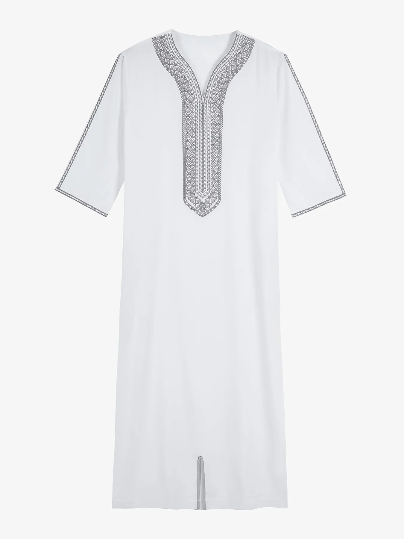 New Geometric Embroidered Middle Eastern Men's Thobe, V-Neck, Three Quarter Sleeves, Loose Fit, Breathable Fabric, Ideal for Daily Wear