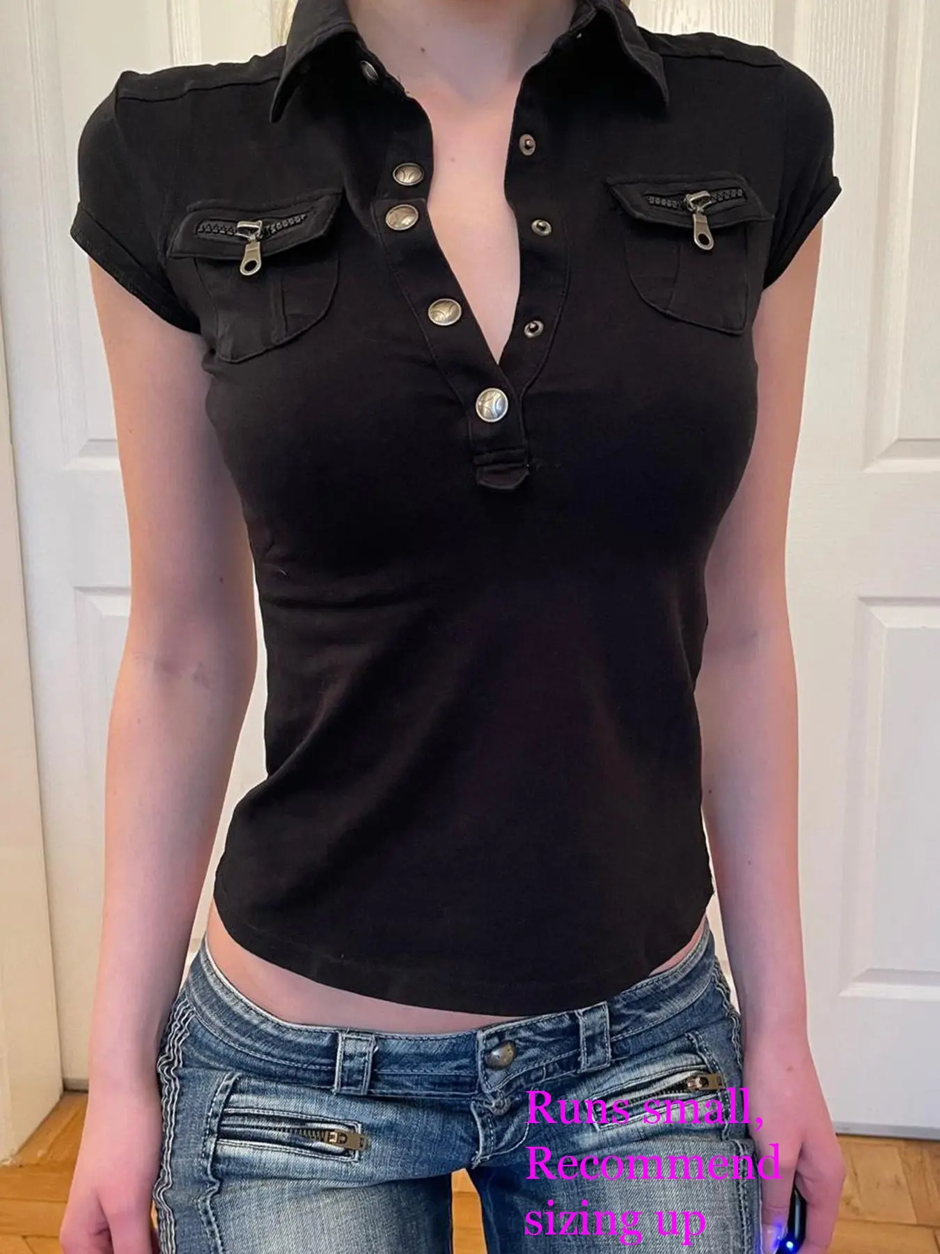 Women's Plain Flap Pocket Button Front Tee, Casual Summer Basic Top for Daily Wear, Casual Everyday Tops
