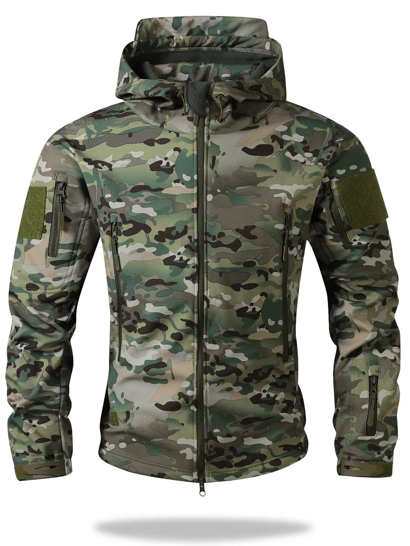Men's Tactical Camouflage Soft Shell Hooded Long Sleeve Jacket, Velcro Arm Pockets, Windproof Waterproof, Ideal for Outdoor Activities