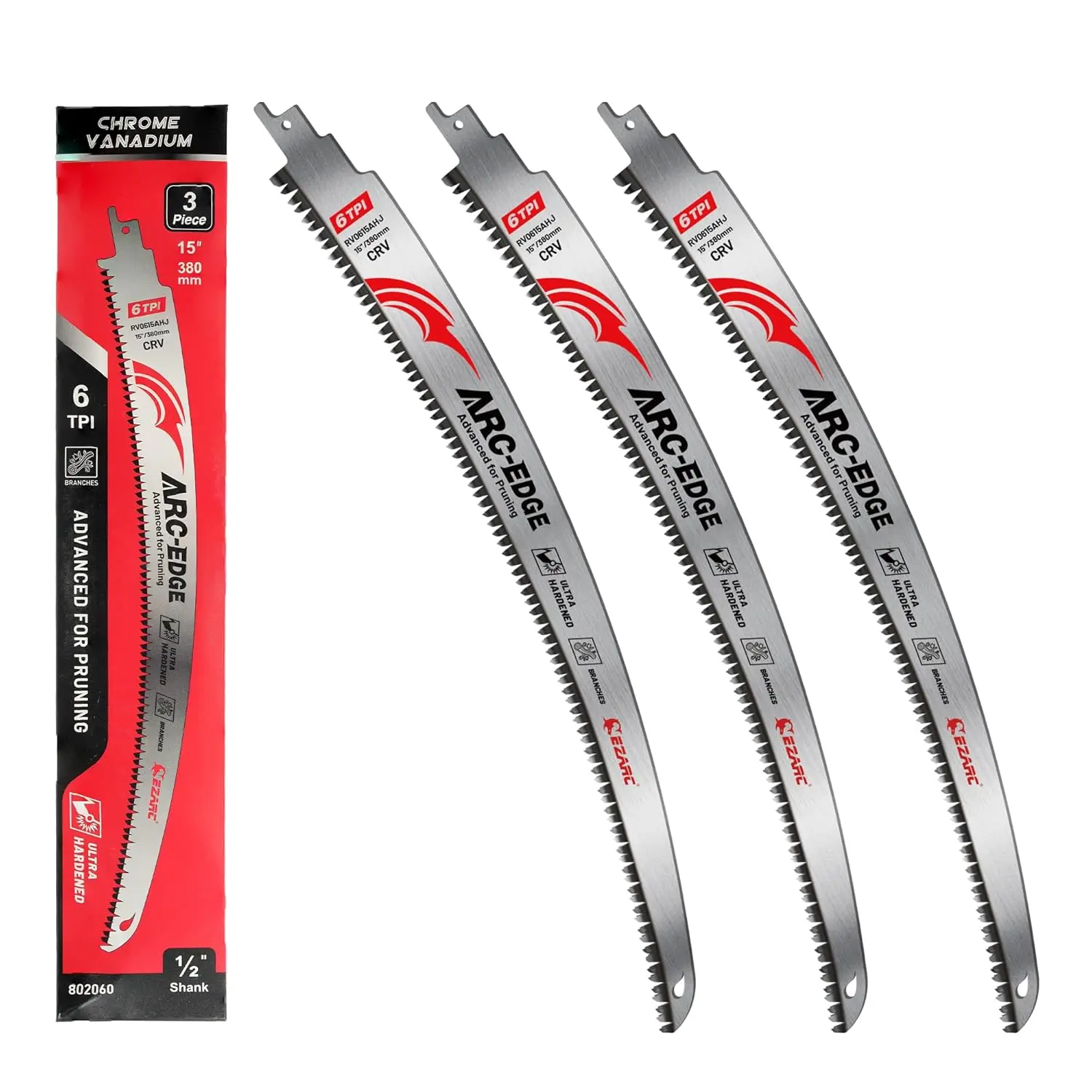 Arc Edge Reciprocating Saw Blades, 1 6TPI for Pruning, 3-Pack | -Long Arc Edge, Japanese Teeth, Fleam Ground Teeth, Deep Gullets, Up to 3x Life, for Tree Trimming, Larger Branches