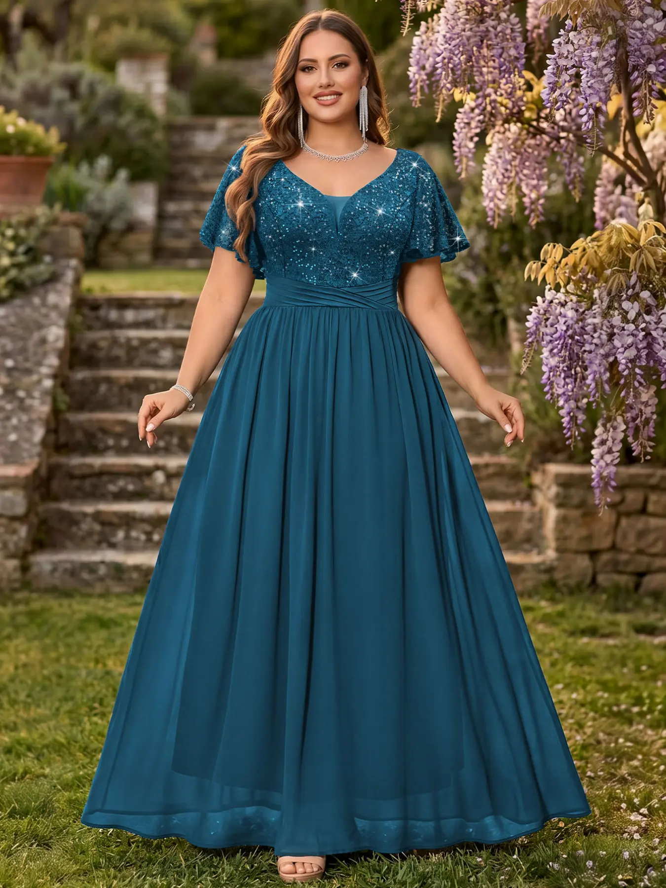 MISSMAY P25729A Plus Deep V-Neck Sequin Floral Lace Ruffle Sleeve Ruched Waist Contrast Chiffon Elegant Feminine Formal Party Maxi Dress, Summer Dress, Wedding Guest Dress
