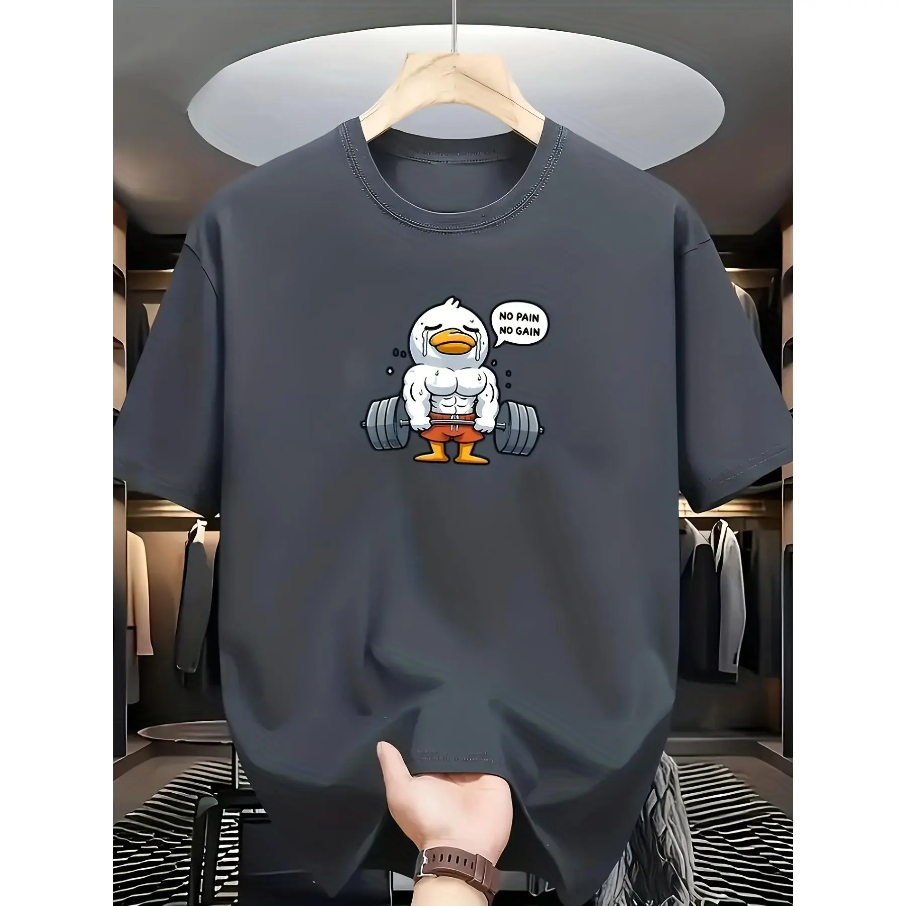 [Gym T-Shirt] Funny Muscle Duck Gym T-Shirt with "No Pain No Gain" Slogan - Weightlifting Duck for Workout & Casual Summer Wear - Motivational Fitness Apparel