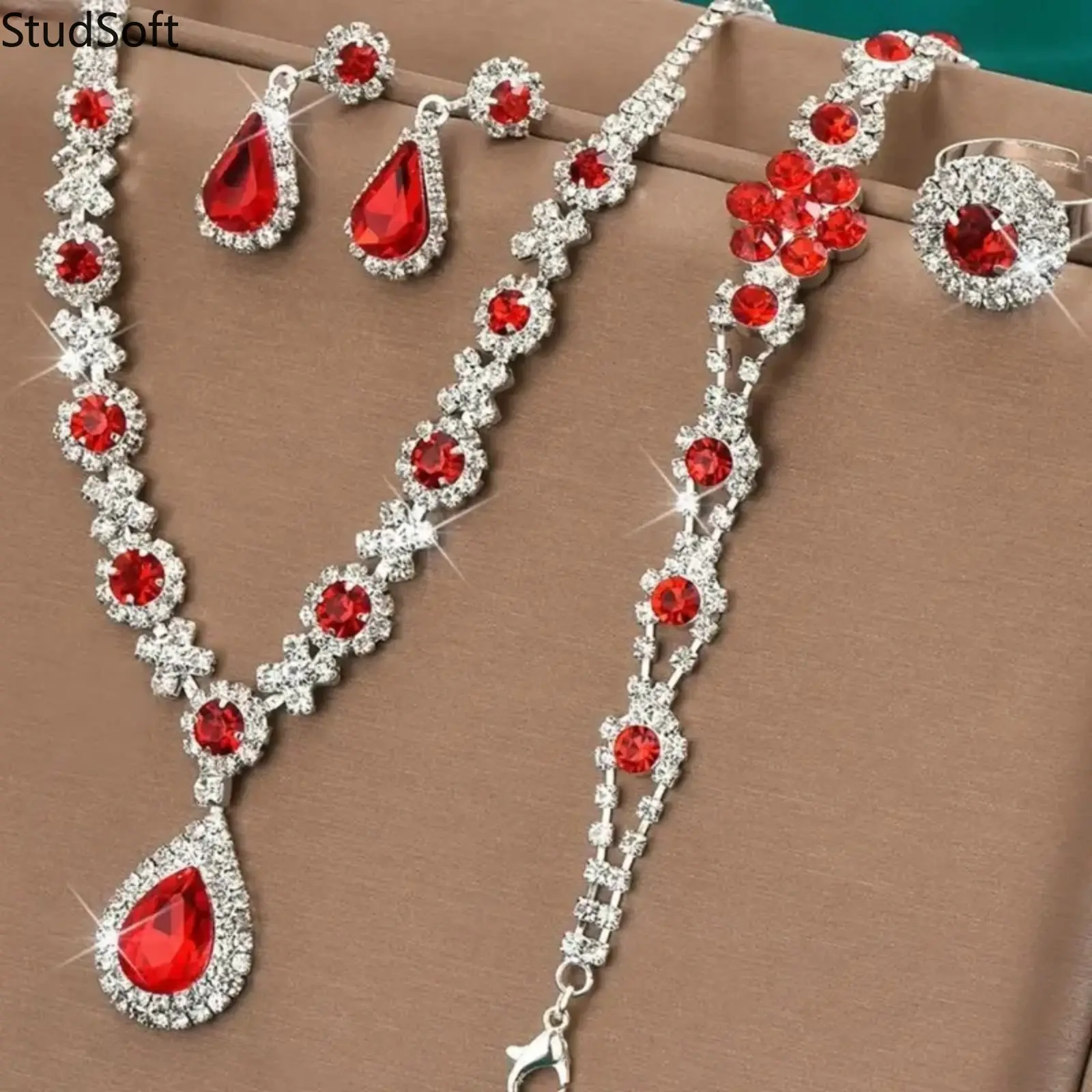 Elegant Emerald Stone 4-Piece Jewelry Set, Trendy Matching Necklace-Earrings-Bracelet-Ring Combo, Luxury Cubic Zirconia Accessory for Wedding Party Gifting (Sports & Outdoor Rainwear Complementary Accent), Matching Combo,back to school,back to school haul