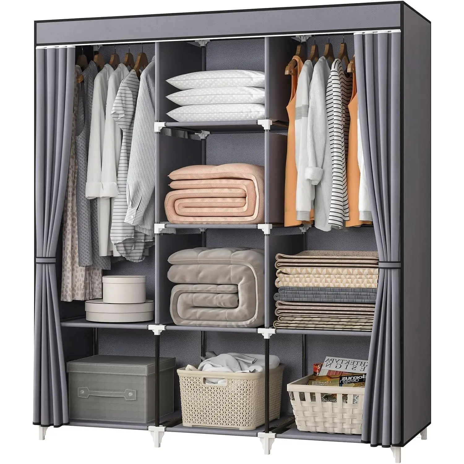 Portable Closet, 51 Inch Wardrobe Closet for Hanging Clothes with 2 Hanging Rods, 8 Storage Organizer Shelves for Bedroom, Durable and Easy to Assemble, Grey