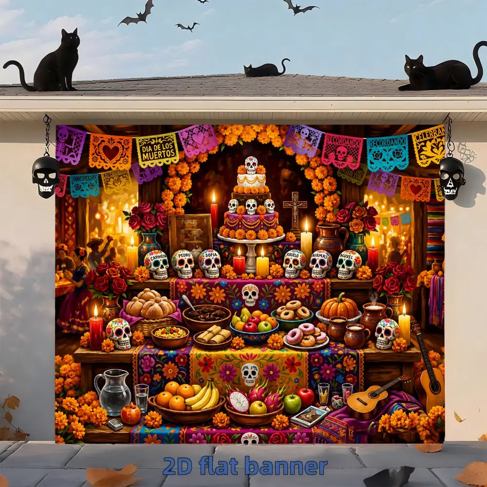 1PC 2D Flat Mexican Day of The Dead Altar Offering Polyester Fabric Backdrop, Dia de los Muertos Marigolds, Sugar Skulls, Food & Candles Photography Background, for Day of The Dead Party Portrait Shooting, Venue Decor, Indoor & Outdoor Use, Polyester