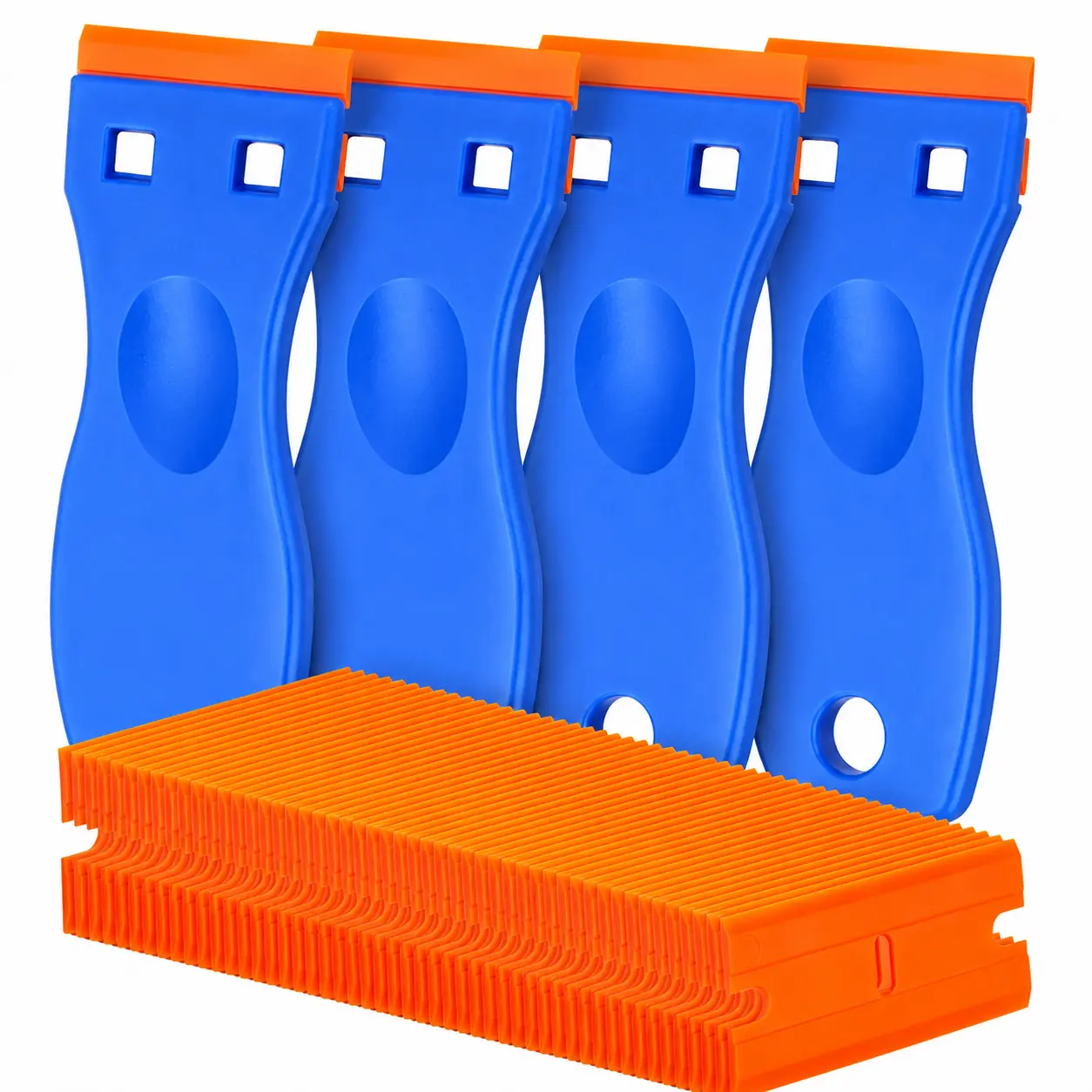 Professional 4-Piece Plastic Razor Blade Scraper Set with 100 Replacement Blades — Non-Scratch Adhesive Remover Tool for Labels, Decals, Stickers, Gaskets & Paint Residue on Automotive Glass, Windows, Mirrors and Smooth Surfaces