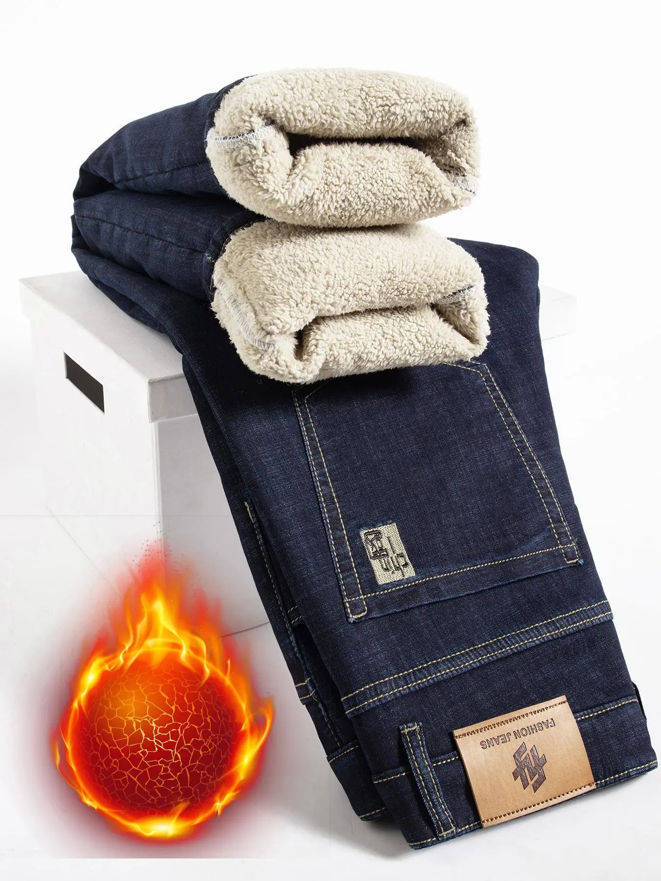Men's Fleece Lined Jeans, Winter Slim Straight Leg, Thick Warm Casual Pants, All Seasons Loose Fit Street Style, Fashion Jean Bottoms
