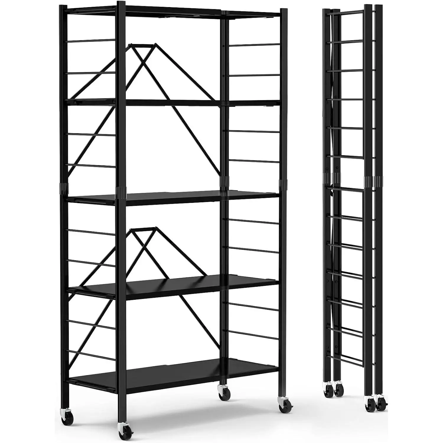 5-Tier Foldable Expandable Storage Shelves Wheels Kitchen 2-in-1 Rack | Folding shelving units, Metal collapsible organization, Changeable into 2 shelf units, Adjustable, Garage, Holds 2400 Ibs
