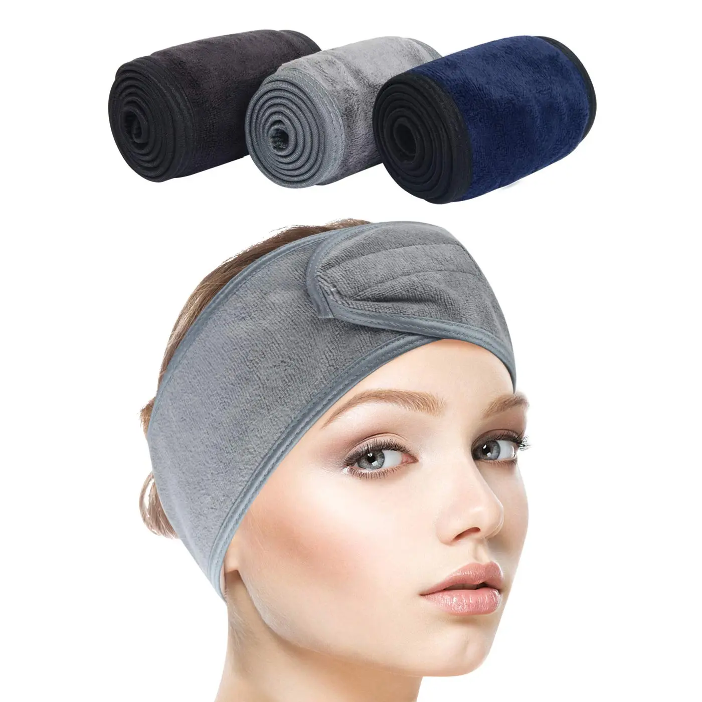 Facial Headband Adjustable Makeup Hair Band 3 Pack Multicolor | Soft Hair Wrap with Magic Tape,Terry Cloth Stretch  Wrap for  Washing, Bath, Shower, Facial Mask, ,Yoga