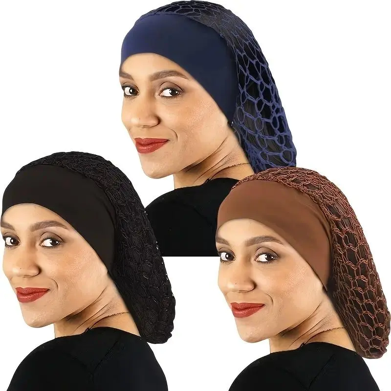Women's 3pcs Random Hand-Crocheted Wide Edge Elastic Net Hair Set - Soft Crochet Headband, Sleep Cap, Fits Braids/Buns, Adults' Daily Care, Gift Set