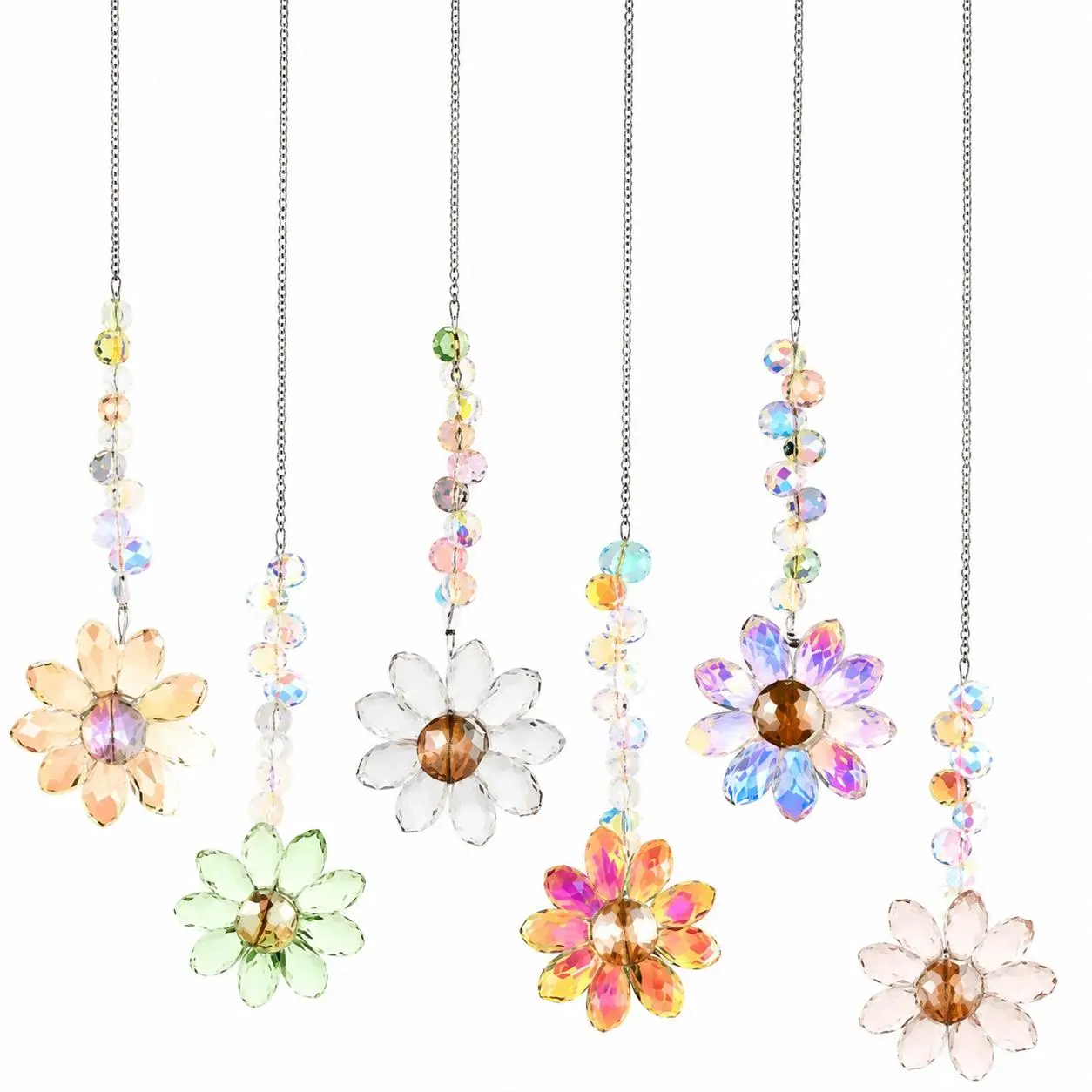 Handcrafted 11-inch prismatic crystal flower suncatcher for windows and gardens—creates vibrant rainbow light patterns indoors and outdoors using natural sunlight, durable glass construction with elegant floral design and adjustable hanging cord