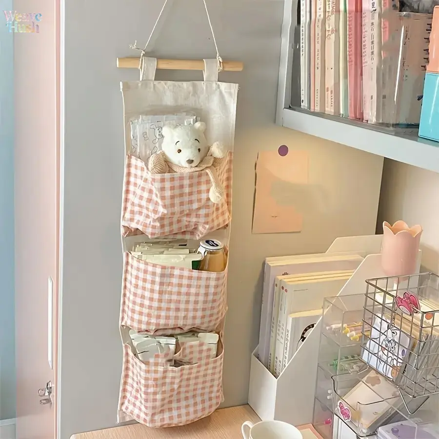 Pink Canvas Wall Hanging Organizer Pouch - Hangable Wall-Mount Storage Bag for Bedroom, Holds Books, Jewelry & Accessories, Organize Items
