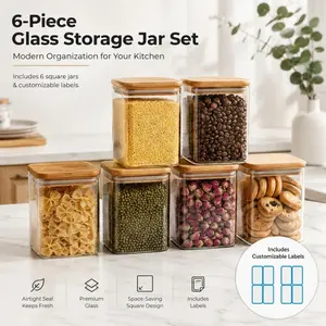 6-Piece Square Glass Storage Jars with Bamboo Lids, Airtight Food Containers for Kitchen, Stackable Pantry Organizers with Labels for Grains, Spices & Snacks, Airtight Container Set