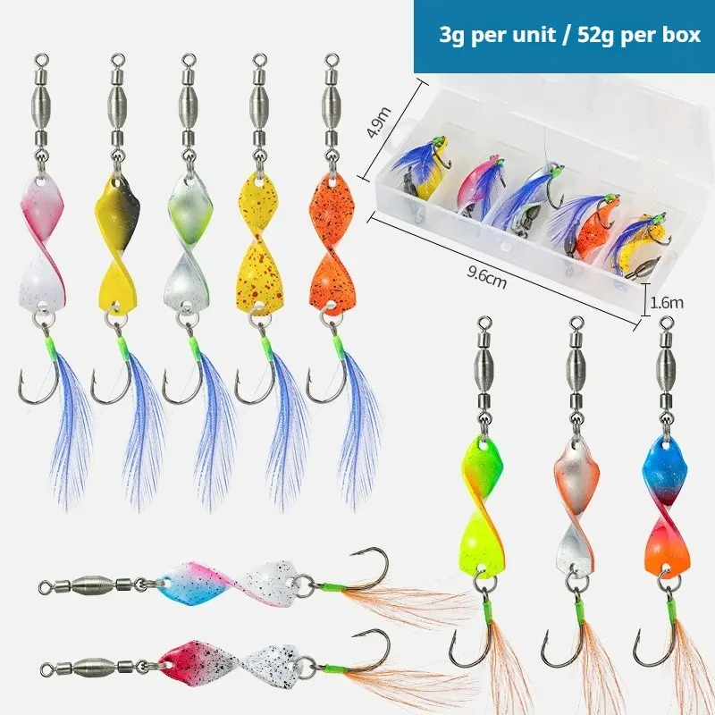 5Pcs Spiral Spinner Lure Set, High Speed Rotating Metal Fishing Lures with Feather, Long Cast Spoon Bait for Bass & Topmouth Cul, Freshwater
