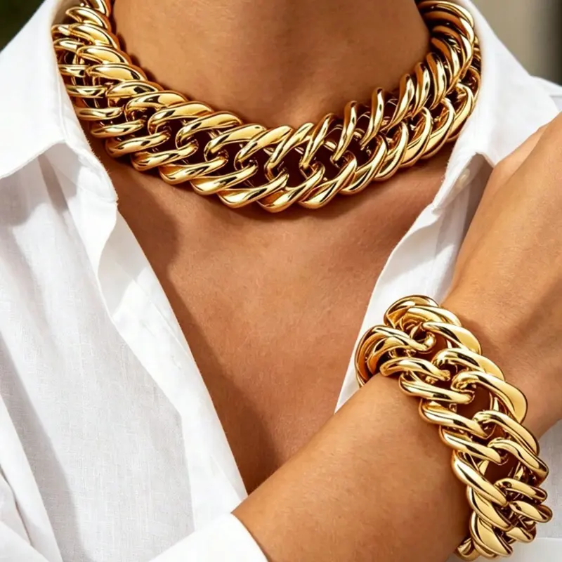 2pcs/Set Chunky Jewelry Minimalist Metal Clavicle Chain Fashion Versatile Gold Chain Thick Necklace Vintage Women Jewelry Necklace Link Chain Jewelry Suitable For Daily Wear, Shopping, Photography, Party And Gathering