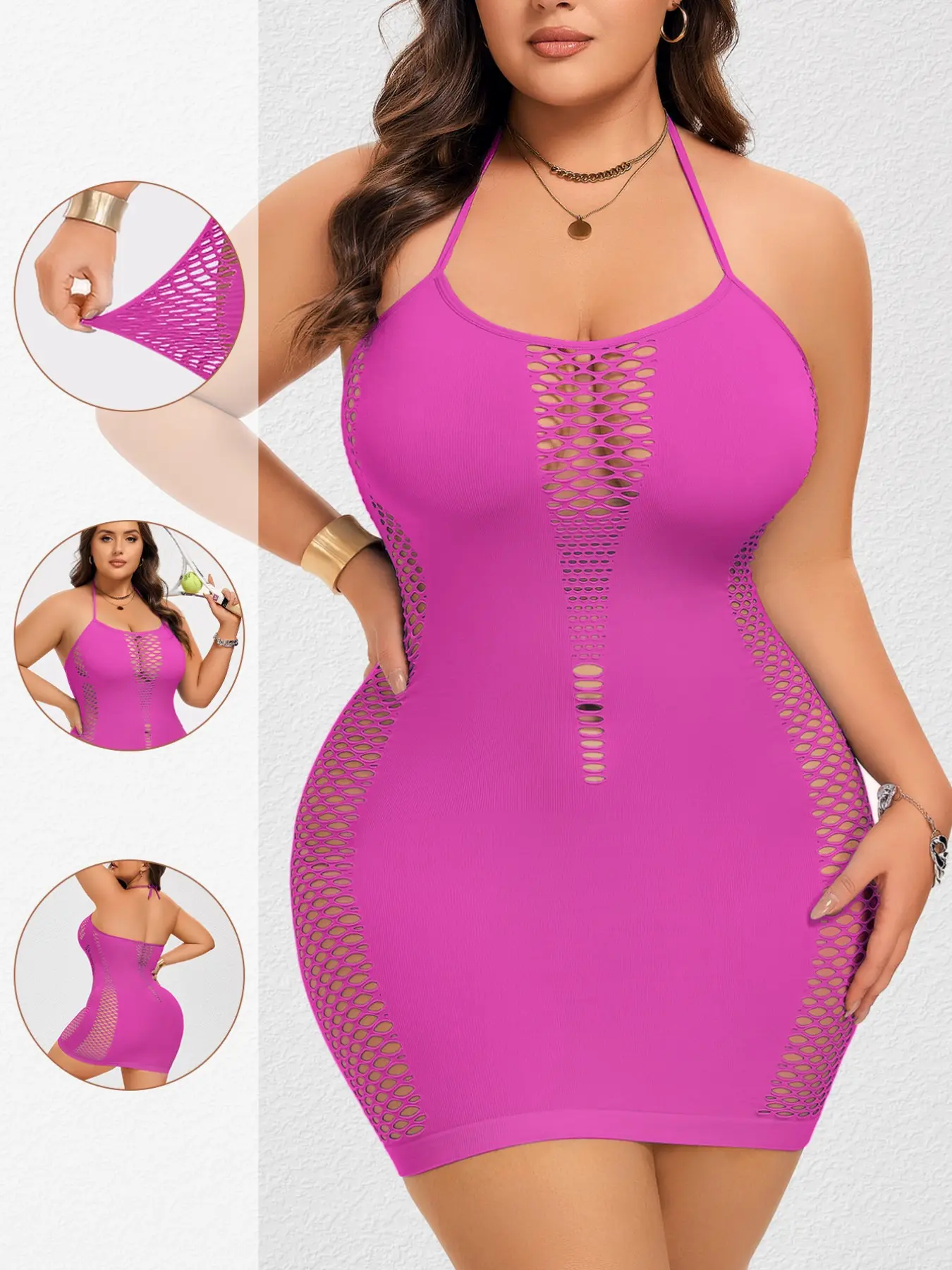 Summer Women's Sexy Plus Size Bodycon Dress, Halter Tie Design, Slim Fit, Ripped, Sleeveless, Breathable, 4 Colors Available