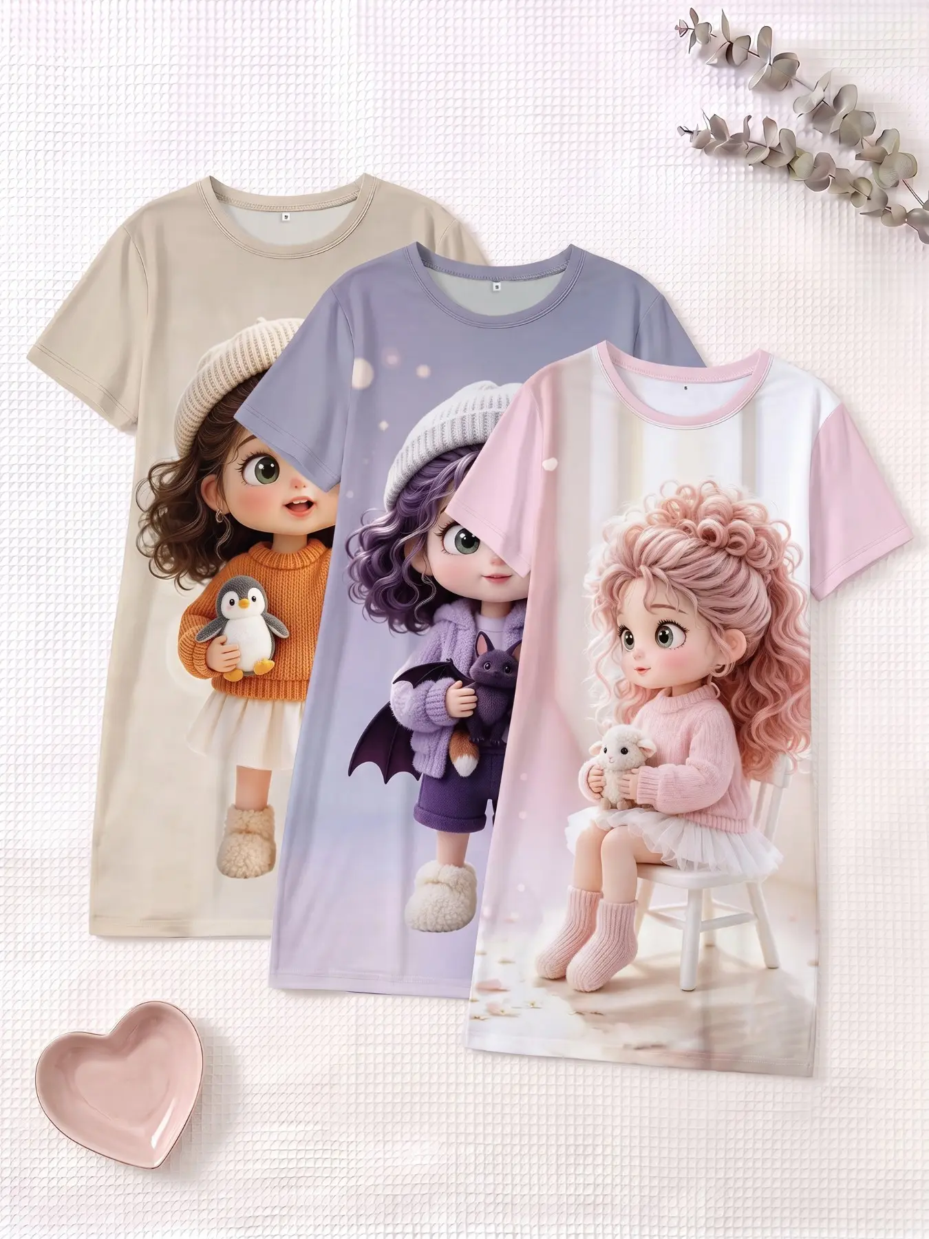 3-Piece Set Cute Doll Print Nightgowns, Short Sleeve Round Neck Women's Pajamas, Loose-Fit Home Wear for Spring Summer Fall