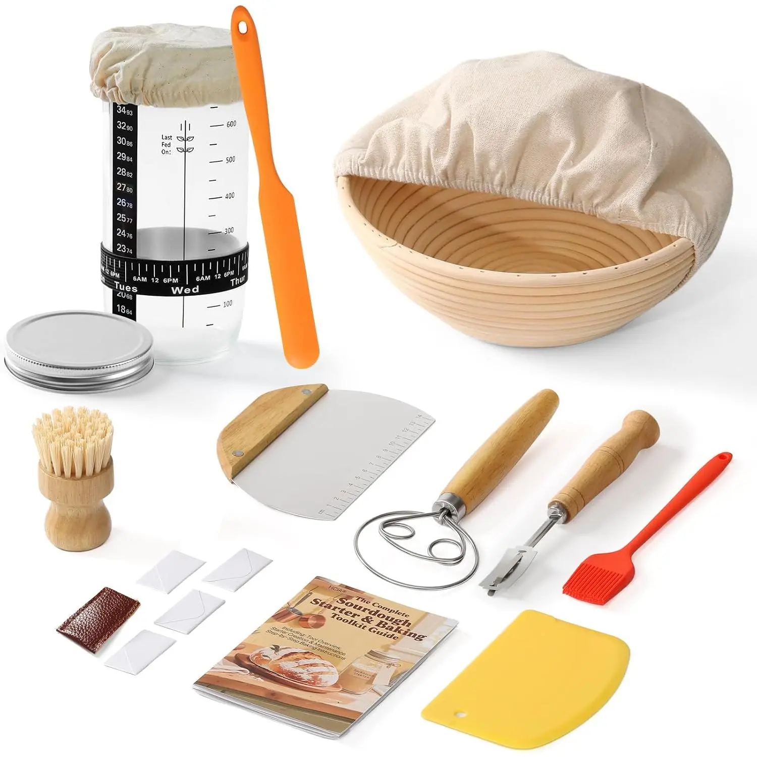 Complete Bread Proofing Basket Kit | -in- Set with Banneton(9 in), Sourdough Starter Jar Kit, Bread Lame, Dough Scraper, Whisk,  & Tools