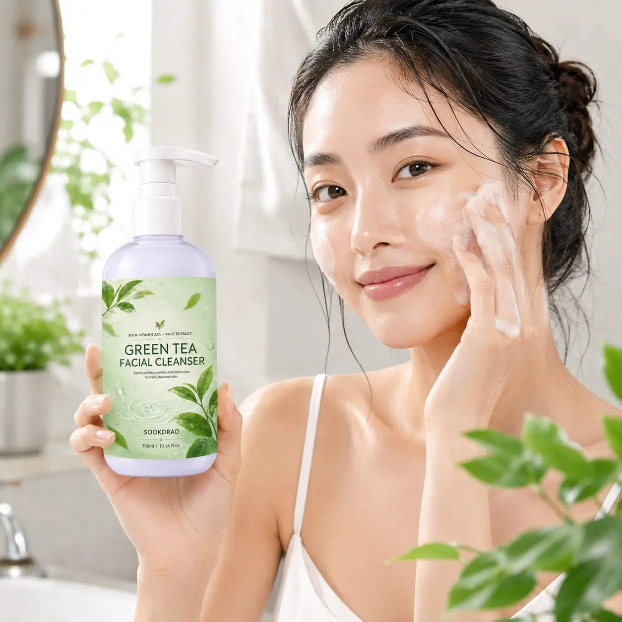 Green Tea Facial Cleanser, Gentle Hydrating Cleanser, with Vitamin ACE, Kale Extract, gently purifies, soothes, moisturizes, for face, 300ml/10.14 fl oz