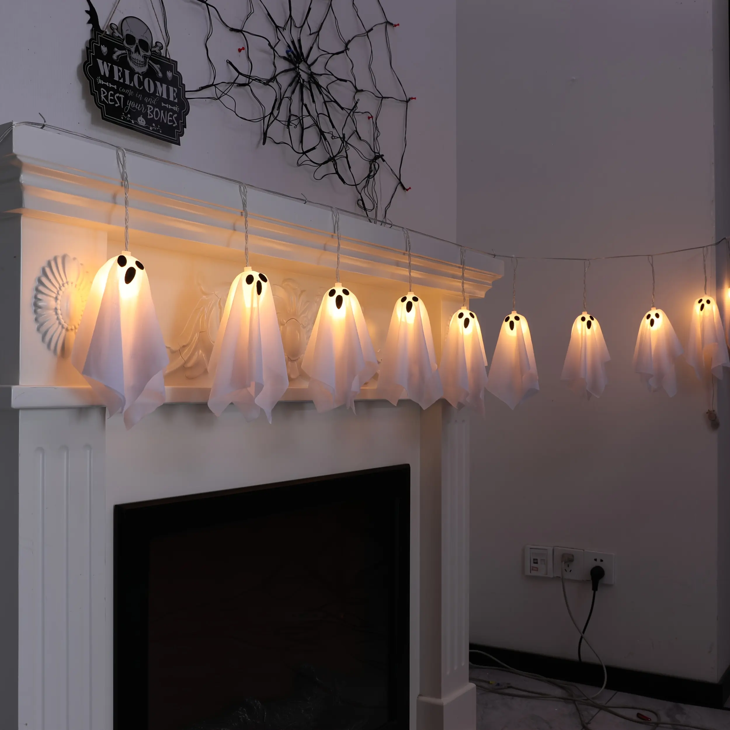 Vintage Spooky Halloween Ghost Icicle Lights - 1-Pack, 10 Strands, 8 Lighting Modes, Battery Operated (Batteries Not Included) - Home Festive Decor for Haunted House, Porch