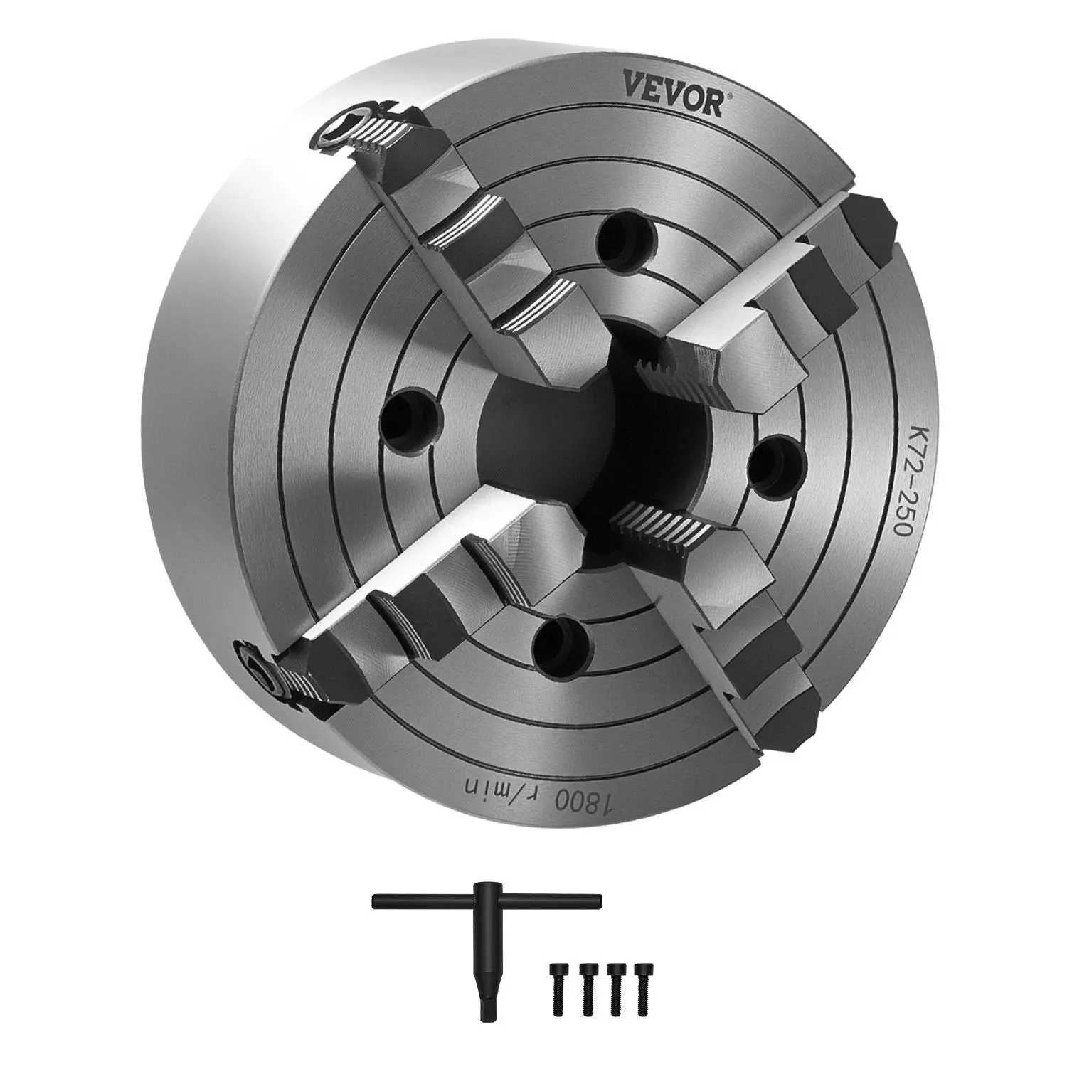 【DealsForYouDays】VEVOR 4-Jaw Lathe Chuck, 10 in (250 mm), Lathe Chuck, 0.6-9.84 in (15-250 mm) Clamping Range with T-key Fixing Screws Reversible Jaws, HT300 Cast Iron Material, Internal External for Wood Metal Lathe