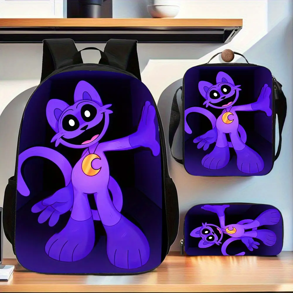 Smiling Critters Unisex 3-in-1 Kids Cute Stylish Daypacks Set - Retro Polyester Athletic Bookbag with Matching Lunch Bag, Pencil Case, Built-in Organizer, Crossbody/Shoulder Bag, Multi-Compartment, Lightweight, Hand Wash Only, No Wheels for Back to School