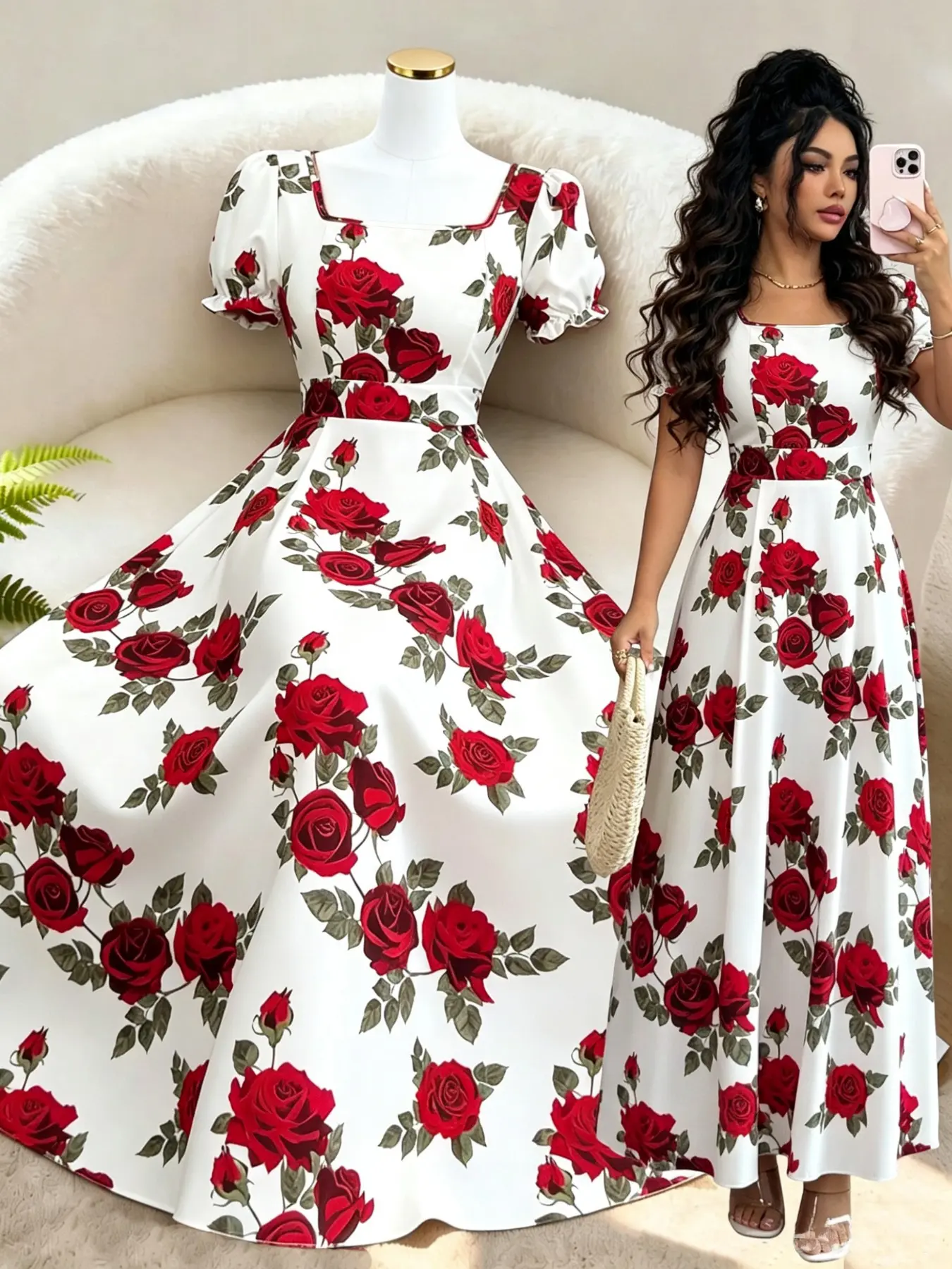 French Square Neck Rose Print A-Line Long Dress with Lantern Sleeves, Boho Casual Elegant Soft Resort Style for Dates, Dinners & Parties