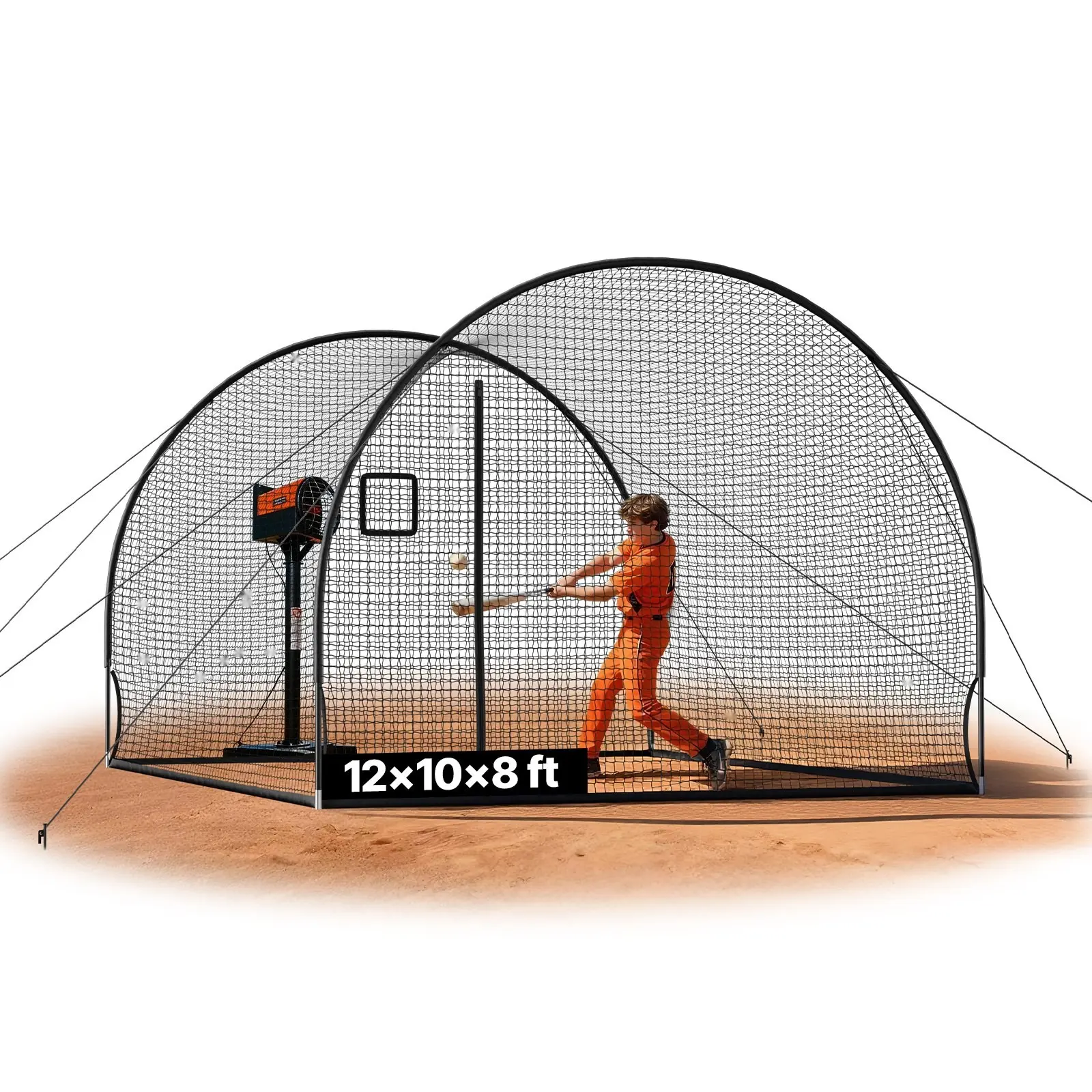 Baseball Batting Cage, 12.0 x 10.2 x 7.6 Ft Freestanding Portable Batting Cage With 4-Ply Knotless Polyester Netting, Hitting Cage For Indoor And Outdoor Practice, Includes Pitching Machine Opening And Durable Netting