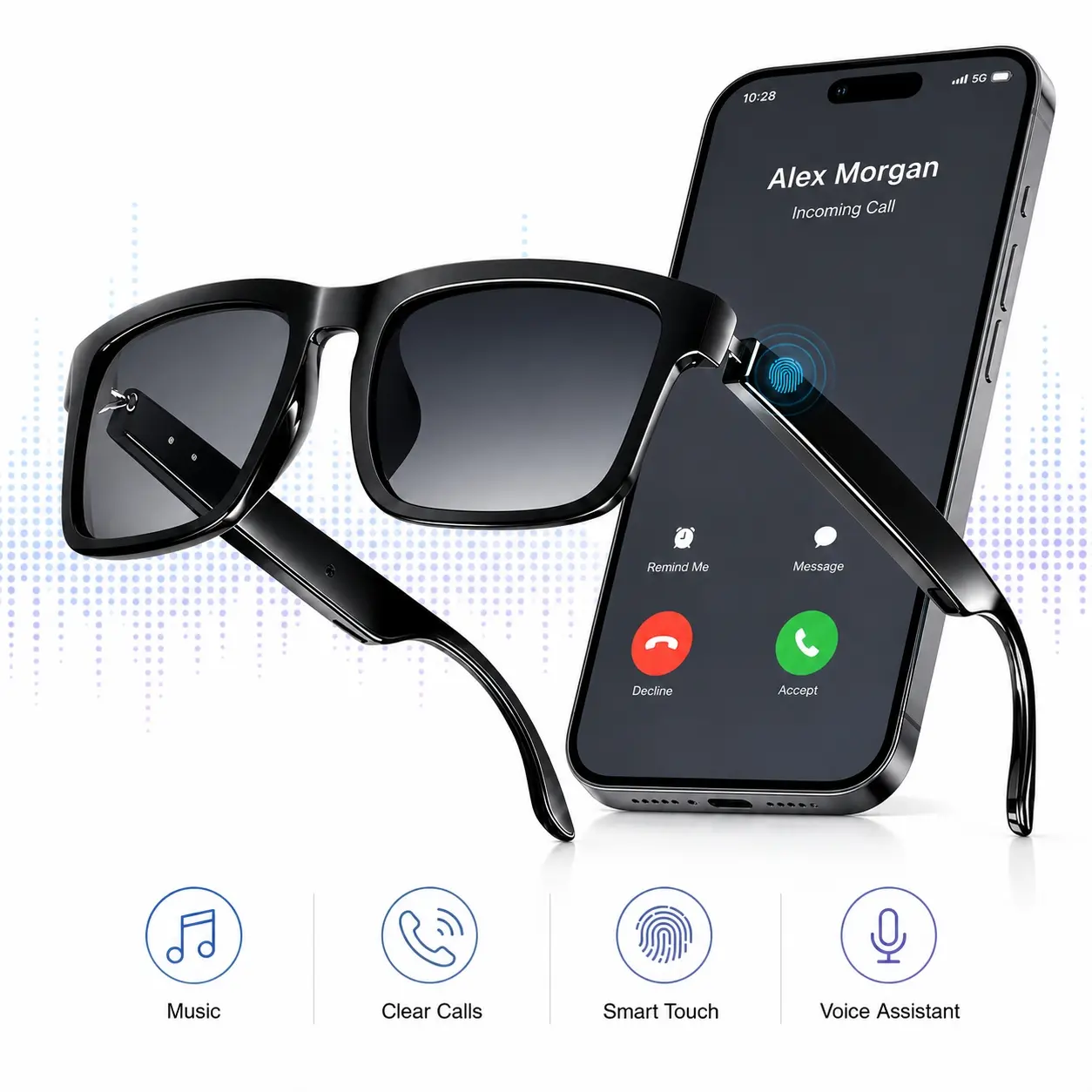 Smart Glasses for Men Women, Open-Ear Bluetooth Multifunctional Audio Sunglasses with Touch Control, Built in Speakers and Mic, Voice Assistant and UV Protection
