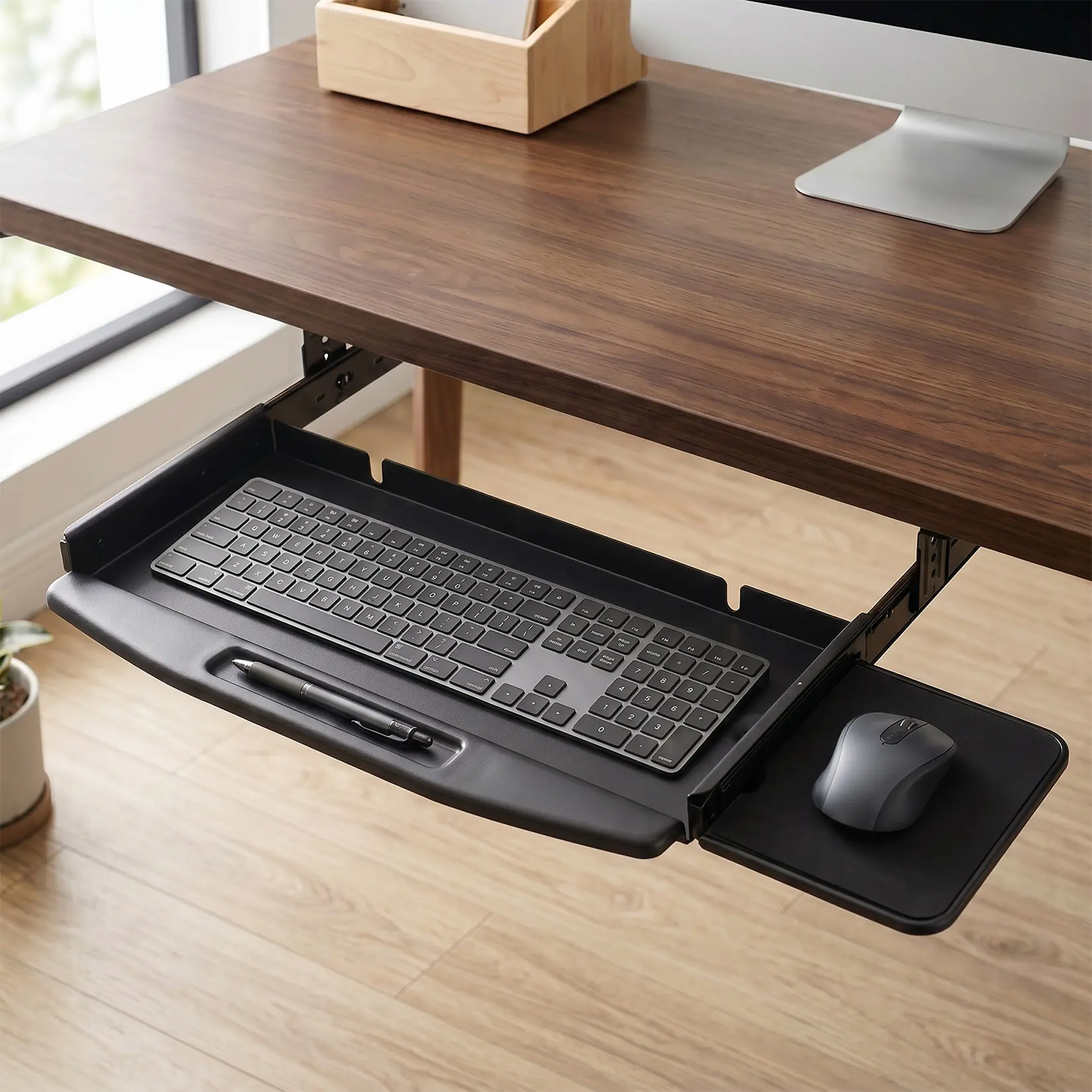 19 in Metal Frame Slide-Out Under Desk Keyboard Tray with Mouse Platform, Space-Saver Desk Organizer, Black Keyboard Holder for Desktops Over 22" Wide