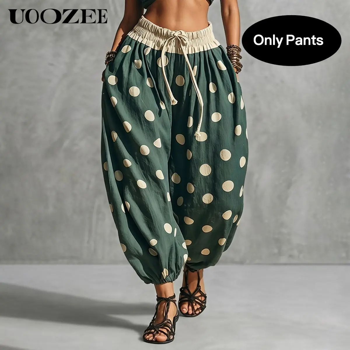 UOOZEE Women's Polka Dot Harem Joggers, High-Waist Baggy Polyester Trousers with Drawstring and Pockets for Beach Vacation