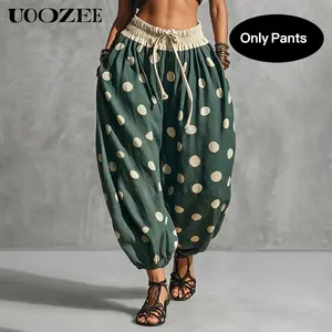 UOOZEE Women's High-Waist White Polka Dot Polyester Ankle Jogger Pants - Chic Balloon Wide Leg Harem Trousers with Contrast Elastic Drawstring Waist, Side Pockets, Strap Accents for Casual Vacation Spring Autumn