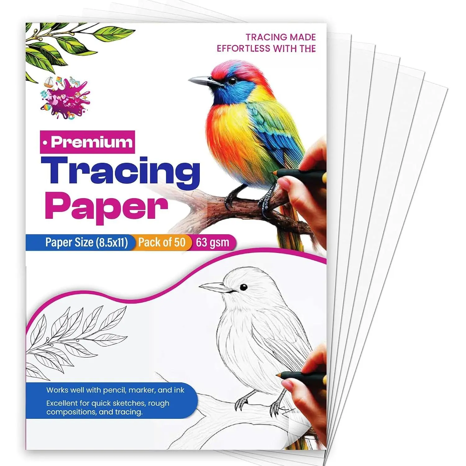 Hand Tracing Paper, 8.5x11 in, 50 Sheets, 63gsm Anti-Wrinkle High-Clarity Transparent Paper for Sketching, Drafting (Office Stationery for Pencil, Marker & Ink Art Projects)